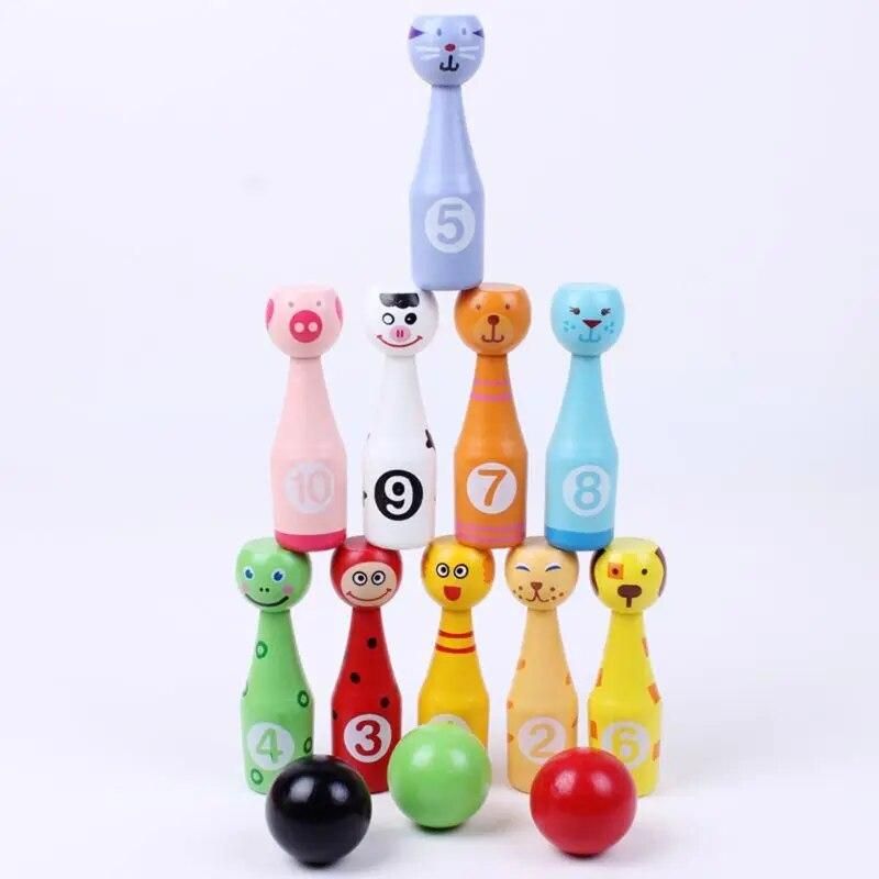 13pcs/set Wooden Bowling Set 10 Pins 3 Ball Animal Bowling Game for Children Drop Shipping