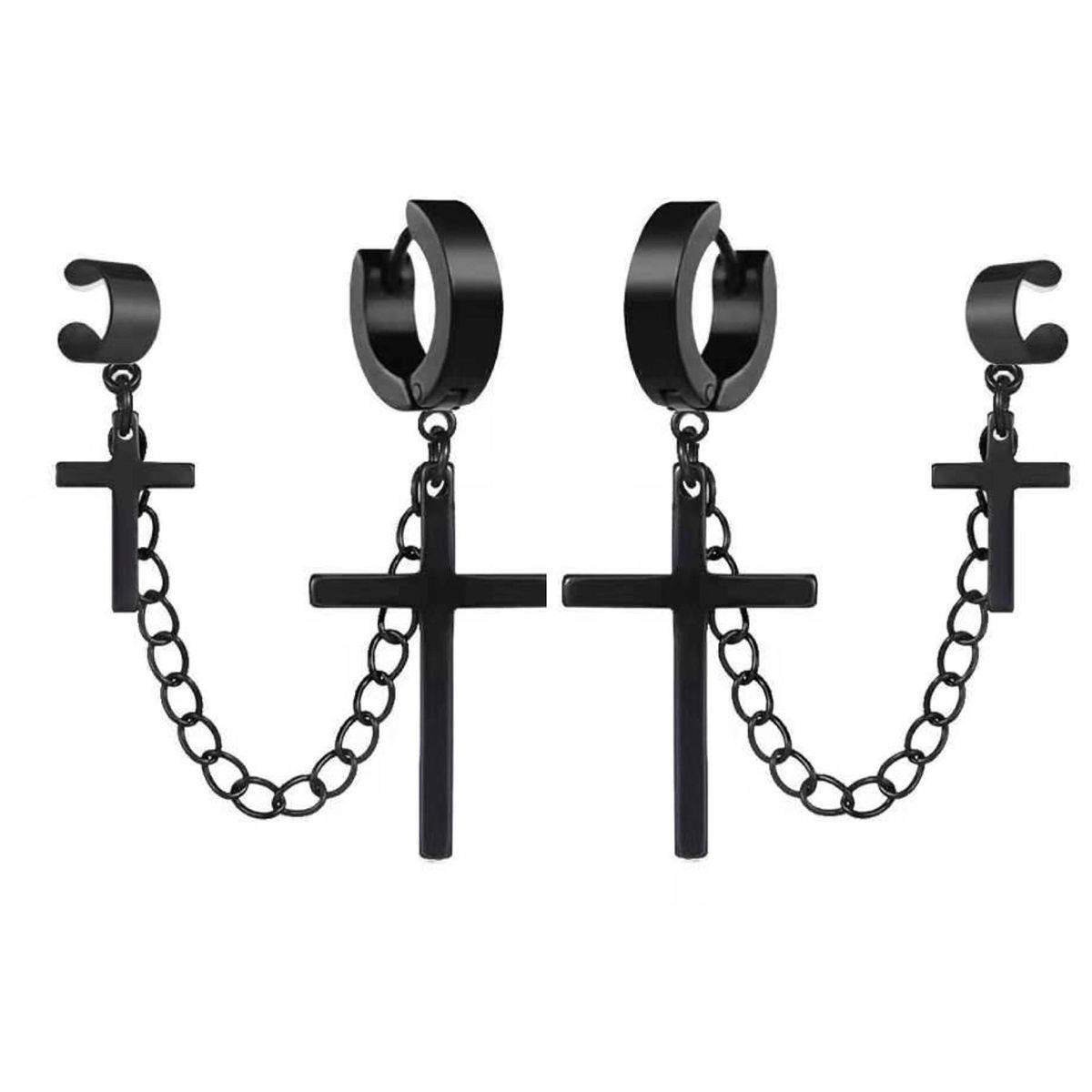 1Pc Punk Hip Hop Metal Chain Ear Cuff Creative Cross-Black