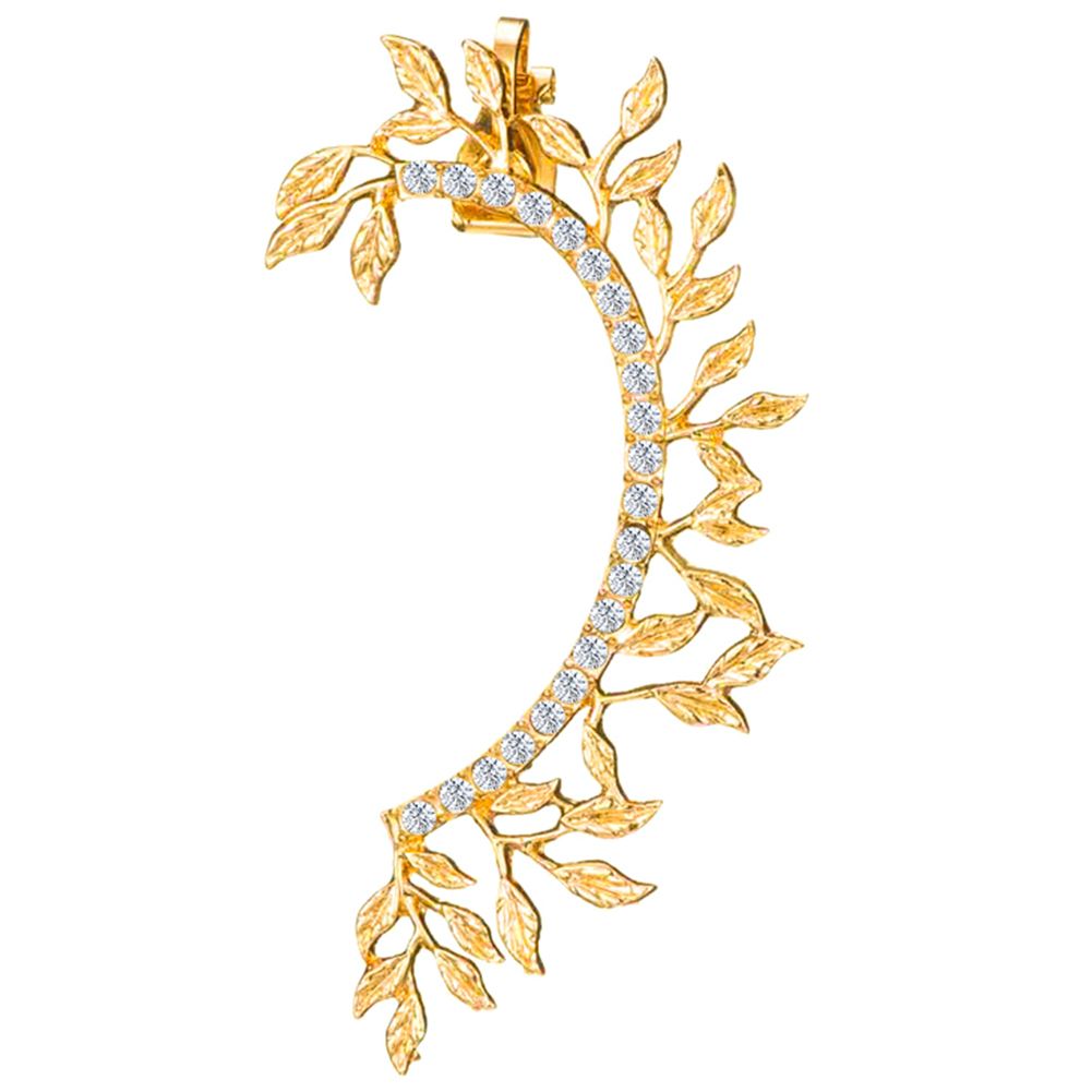 1Pc Vintage Leaf Curved Full Rhinestone Ear Cuff-Golden
