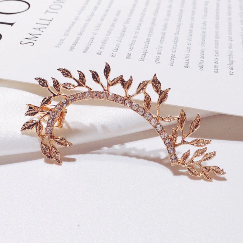 1Pc Vintage Leaf Curved Full Rhinestone Ear Cuff-Golden
