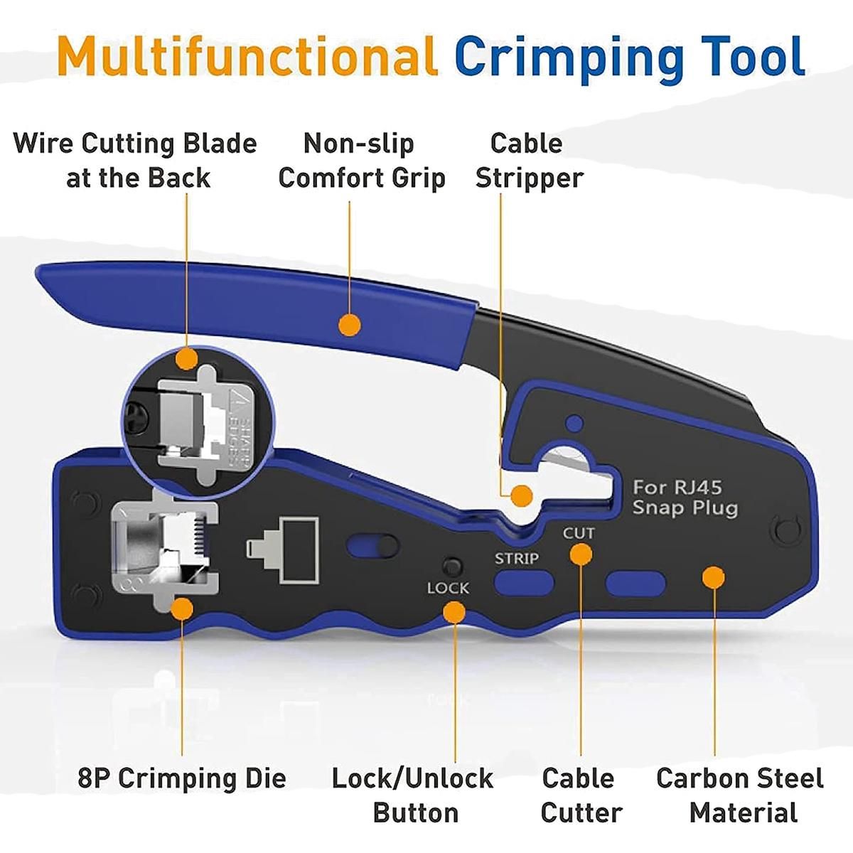 Cat6 / Cat5E RJ45 Pass Through Connector Bundle with Crimping Tool