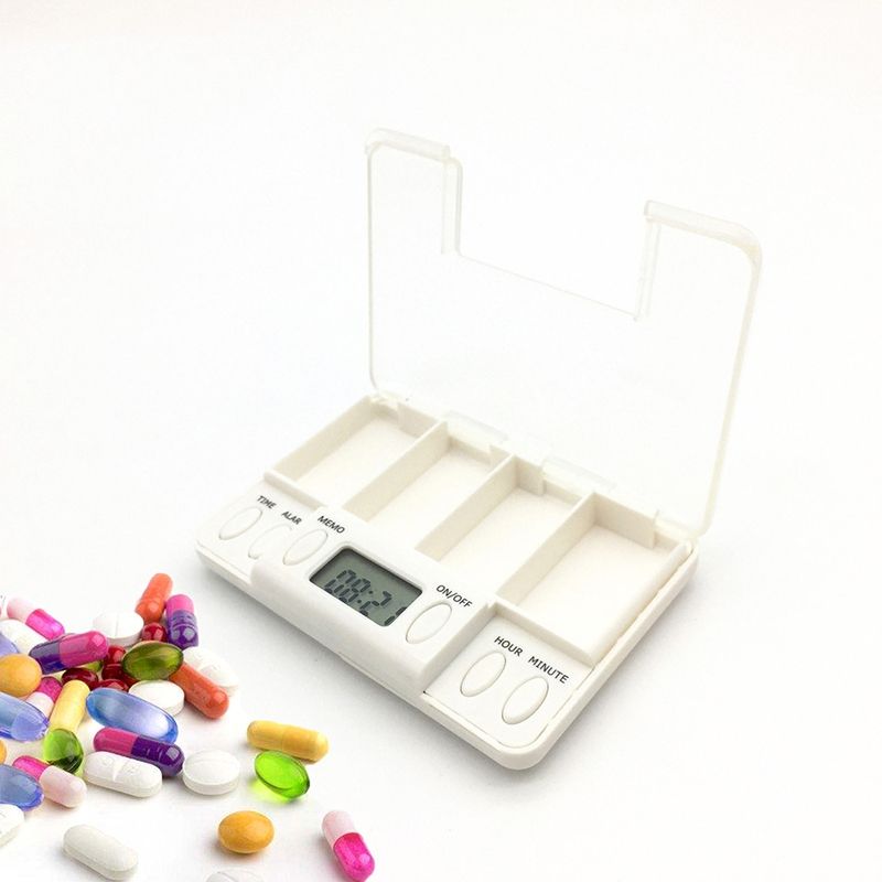 4-Cell Smart Timed Reminder Portable Plastic Pill Box Pill Storage Box(White)