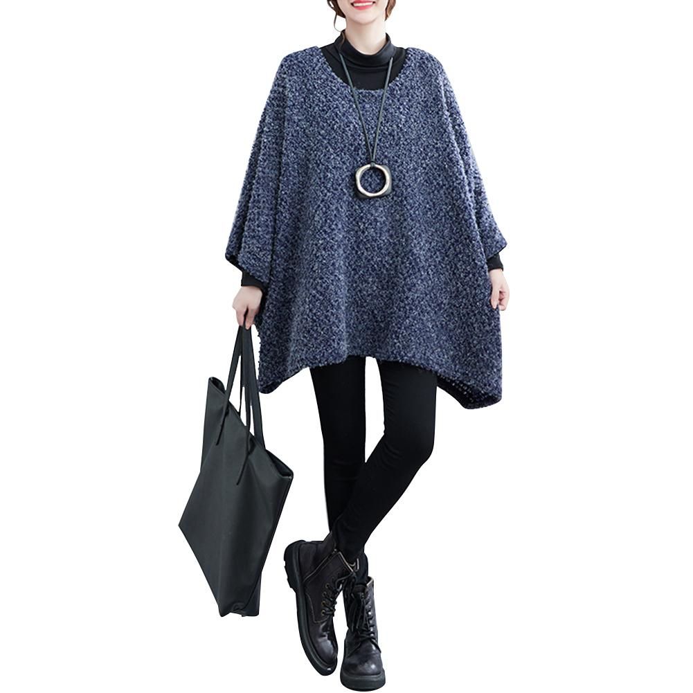 Autumn Casual Women Long Solid Bat-wing Sleeve Knit Sweater Loose O-Neck Full Sleeve Lightweight Pullover Tops Blue One Size