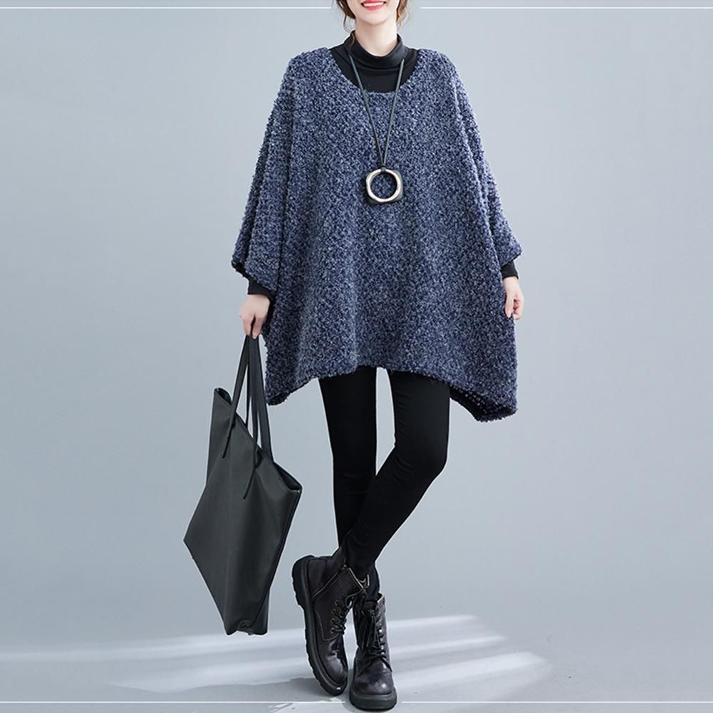 Autumn Casual Women Long Solid Bat-wing Sleeve Knit Sweater Loose O-Neck Full Sleeve Lightweight Pullover Tops Blue One Size
