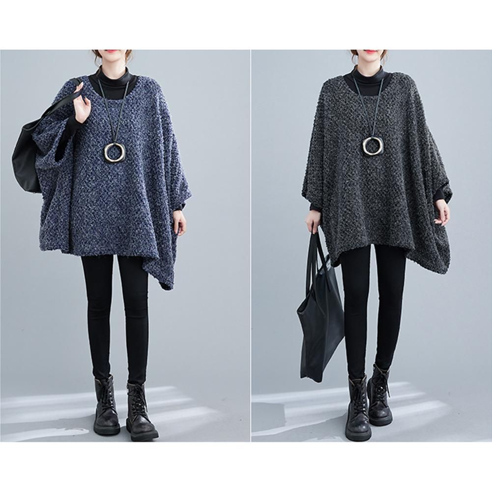 Autumn Casual Women Long Solid Bat-wing Sleeve Knit Sweater Loose O-Neck Full Sleeve Lightweight Pullover Tops Blue One Size