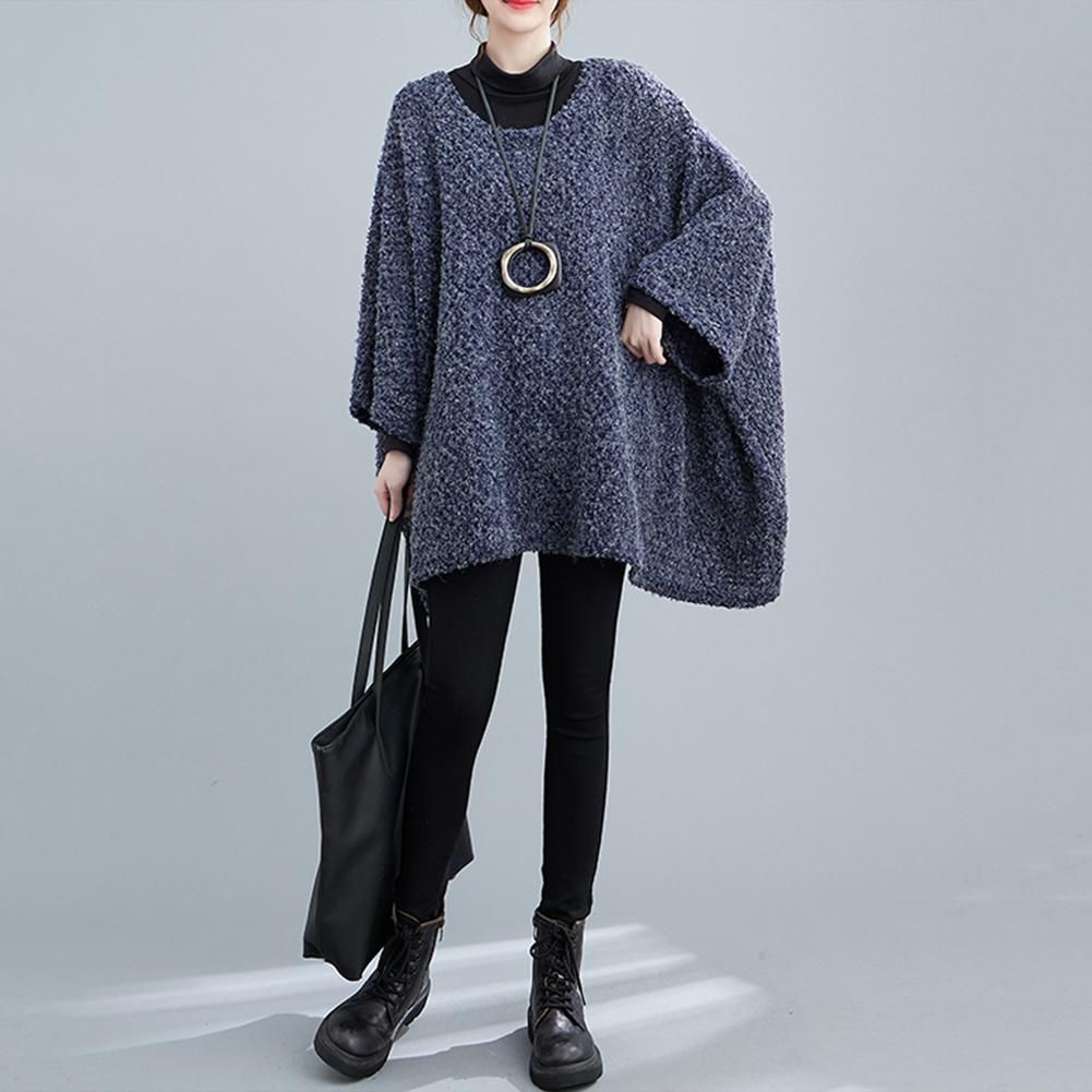 Autumn Casual Women Long Solid Bat-wing Sleeve Knit Sweater Loose O-Neck Full Sleeve Lightweight Pullover Tops Blue One Size