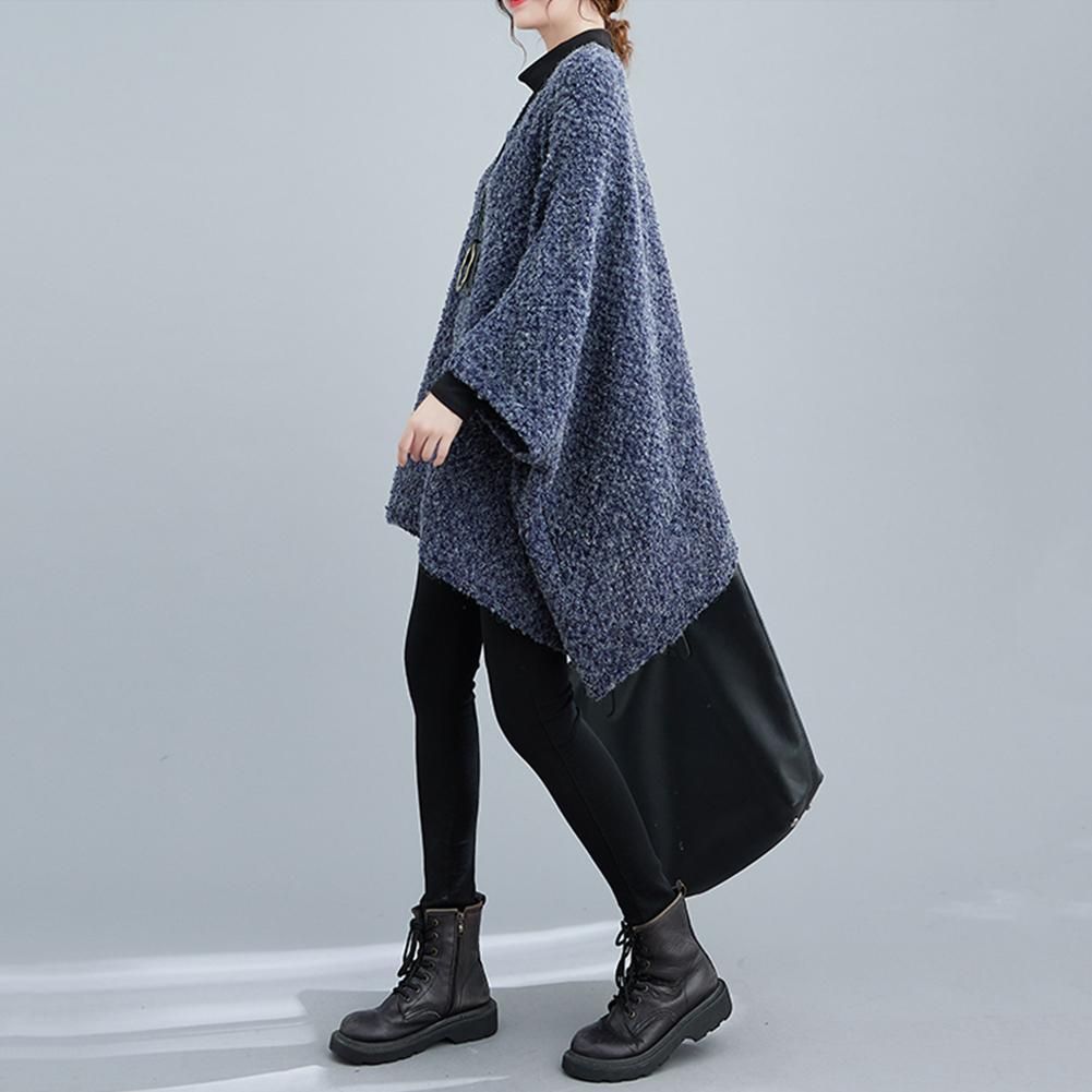 Autumn Casual Women Long Solid Bat-wing Sleeve Knit Sweater Loose O-Neck Full Sleeve Lightweight Pullover Tops Blue One Size