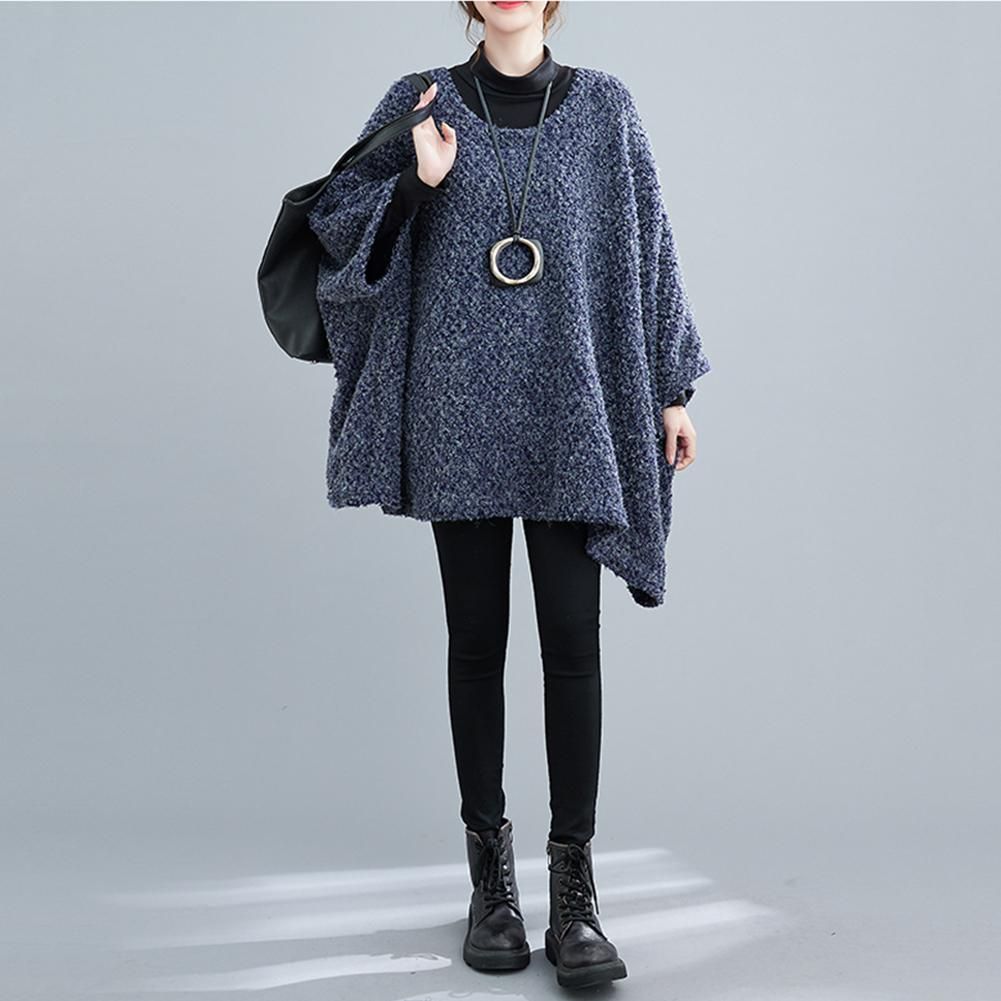 Autumn Casual Women Long Solid Bat-wing Sleeve Knit Sweater Loose O-Neck Full Sleeve Lightweight Pullover Tops Blue One Size