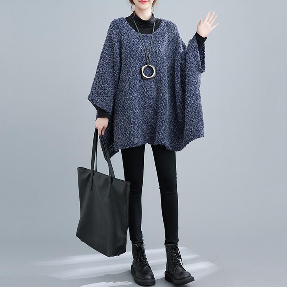 Autumn Casual Women Long Solid Bat-wing Sleeve Knit Sweater Loose O-Neck Full Sleeve Lightweight Pullover Tops Blue One Size