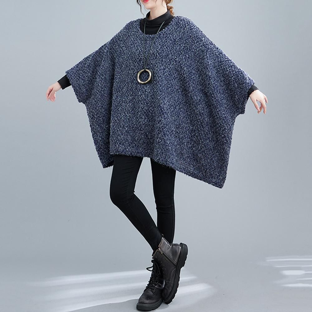 Autumn Casual Women Long Solid Bat-wing Sleeve Knit Sweater Loose O-Neck Full Sleeve Lightweight Pullover Tops Blue One Size