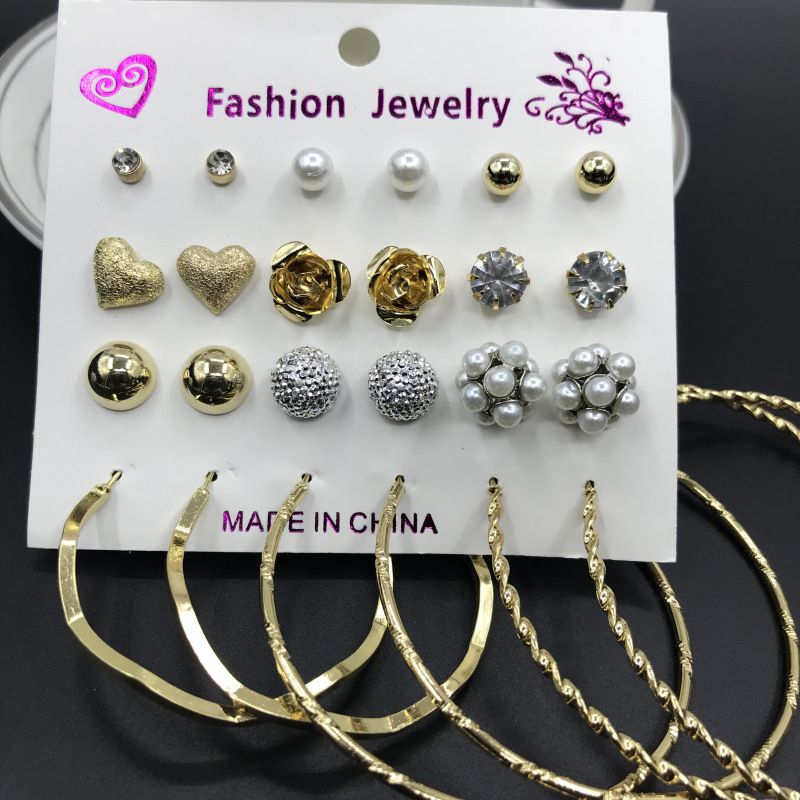 12 In 1 Studs Rings And Big Loop Earrings - Gold