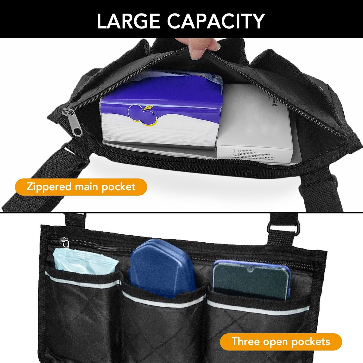 Wheelchair Armrest Side Bags With Reflective Strips