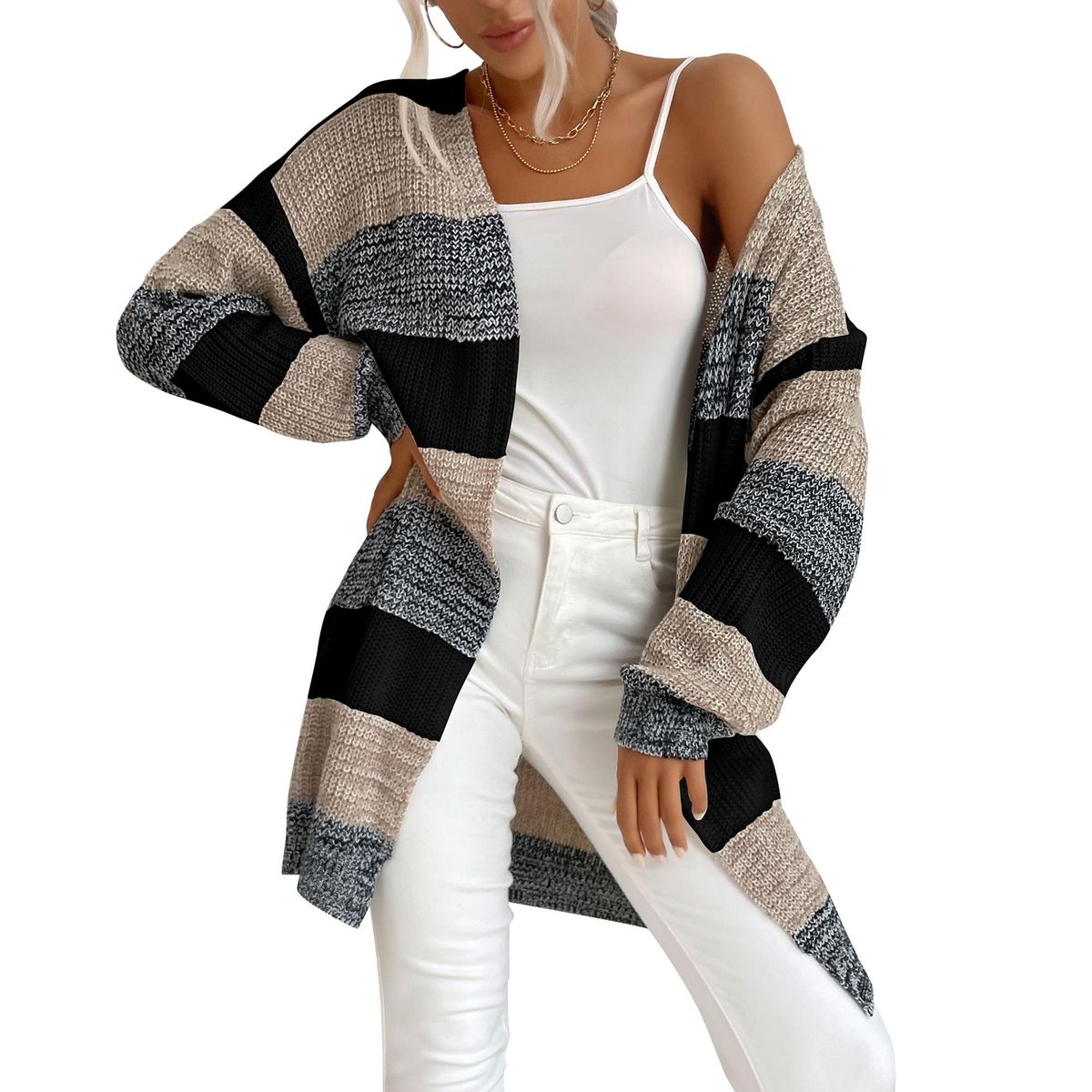 Women Cardigan Open Front Sweater Drape Long Sleeve Loose Knitted Casual Coats