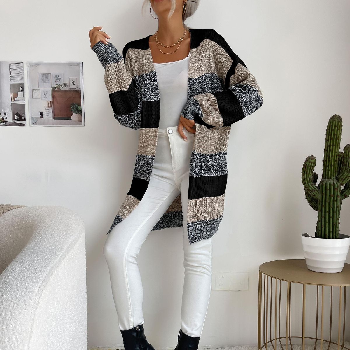 Women Cardigan Open Front Sweater Drape Long Sleeve Loose Knitted Casual Coats