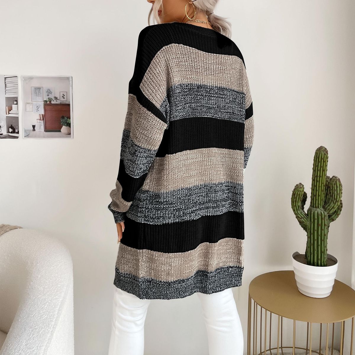 Women Cardigan Open Front Sweater Drape Long Sleeve Loose Knitted Casual Coats