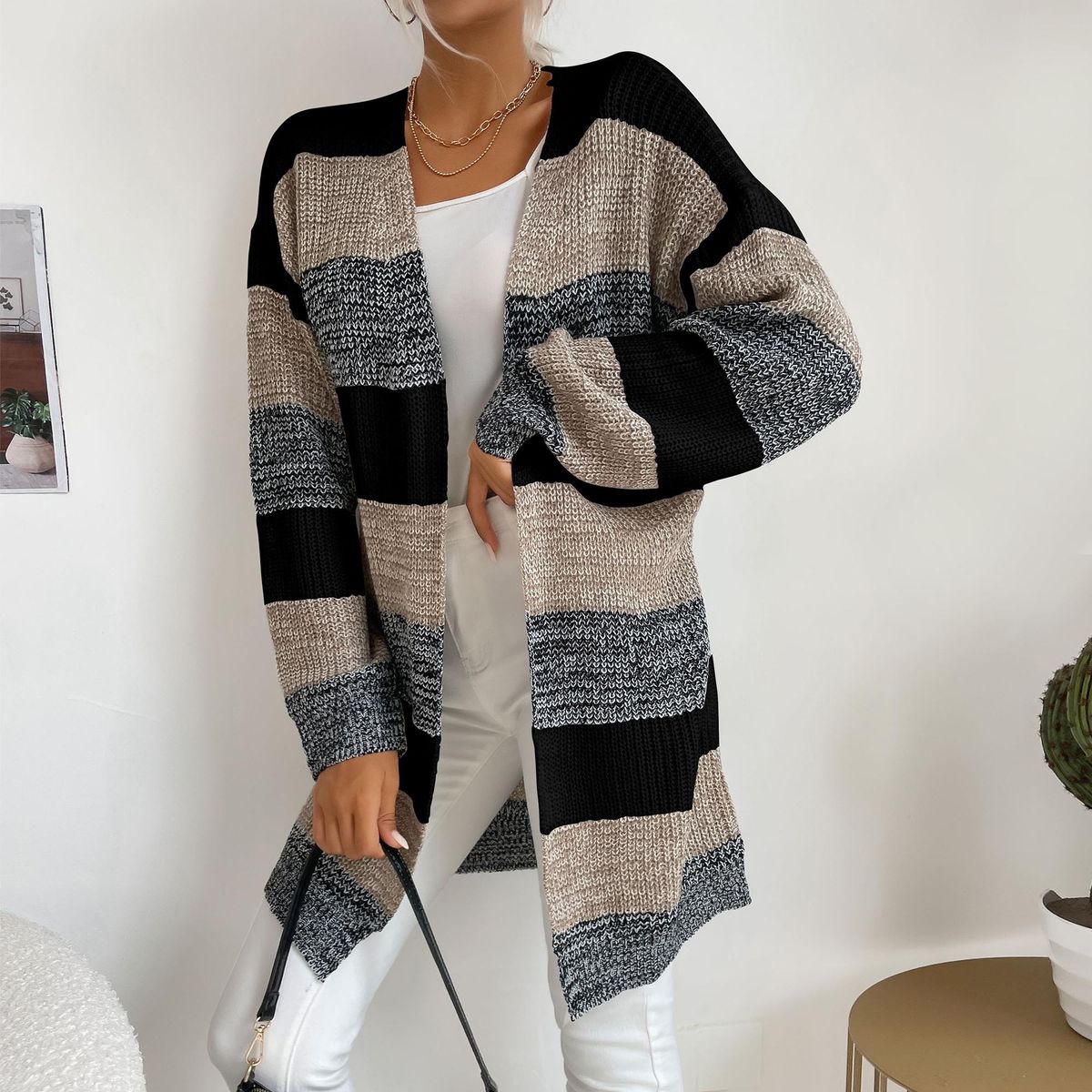 Women Cardigan Open Front Sweater Drape Long Sleeve Loose Knitted Casual Coats