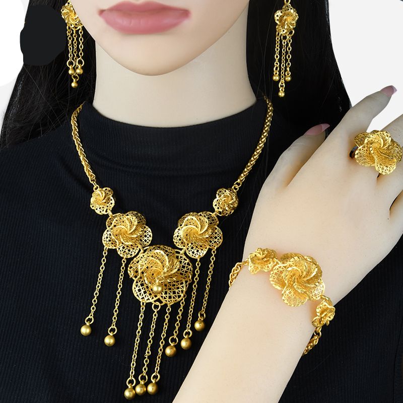 Dubai Jewelry Set Gold Plated Big Necklaces Earrings Rings Sets Flower