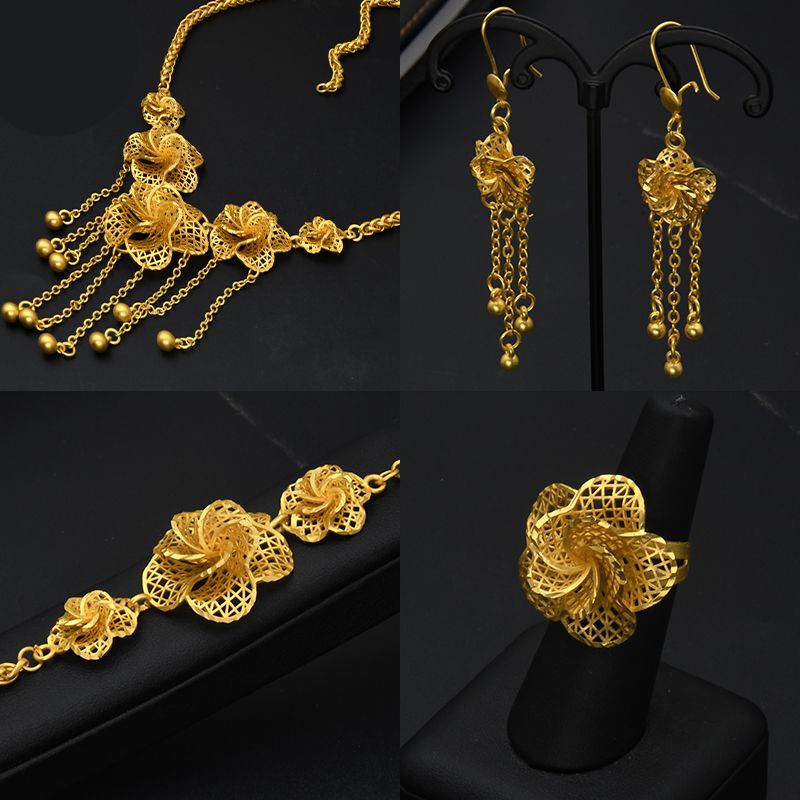 Dubai Jewelry Set Gold Plated Big Necklaces Earrings Rings Sets Flower
