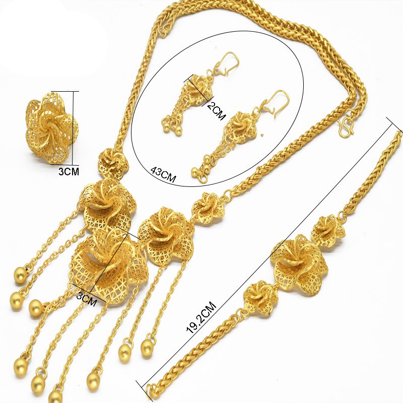 Dubai Jewelry Set Gold Plated Big Necklaces Earrings Rings Sets Flower