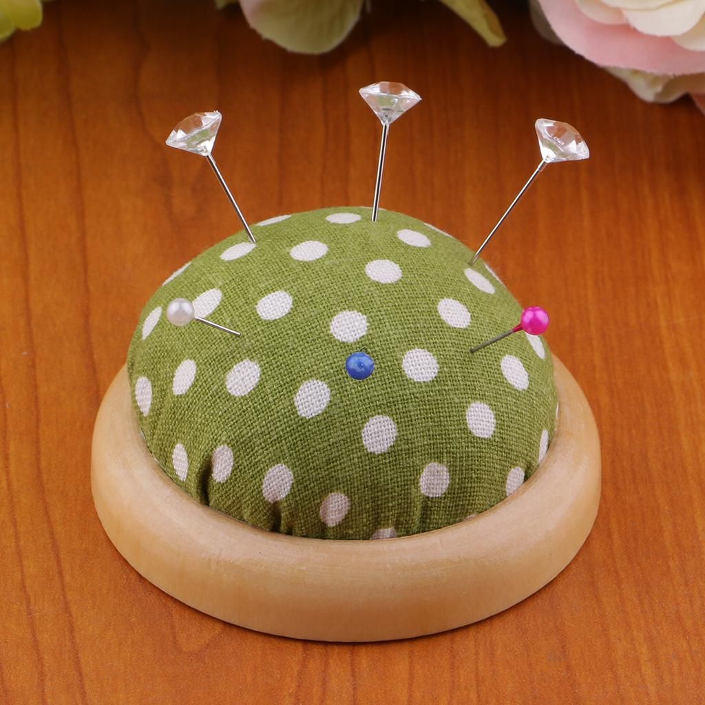 Fabric, Wooden Base,  Holder Pin Cushion DIY Green
