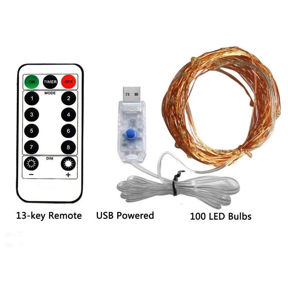 USB Led Fairy Lights String With 13Key Remote Control 8Mode 5/10M/20M Lamp For Gards Home Wedding Christmas Holiday Decor--Blue--10M 100LEDS