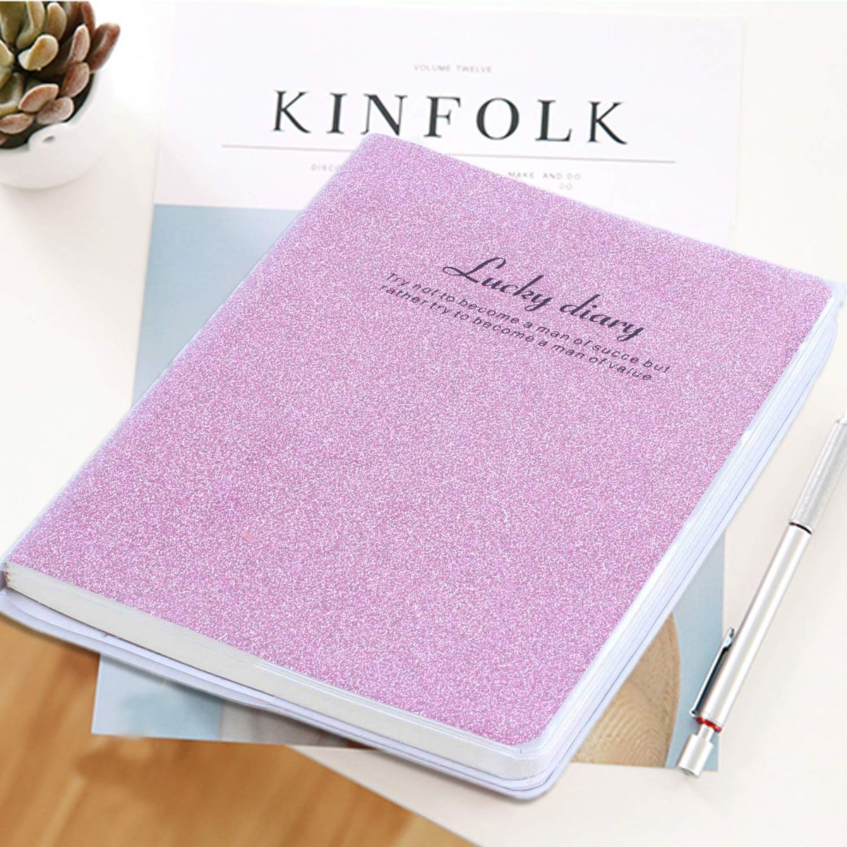 PVC Cover Pink Glitter Powder Decor Diary Memo Book