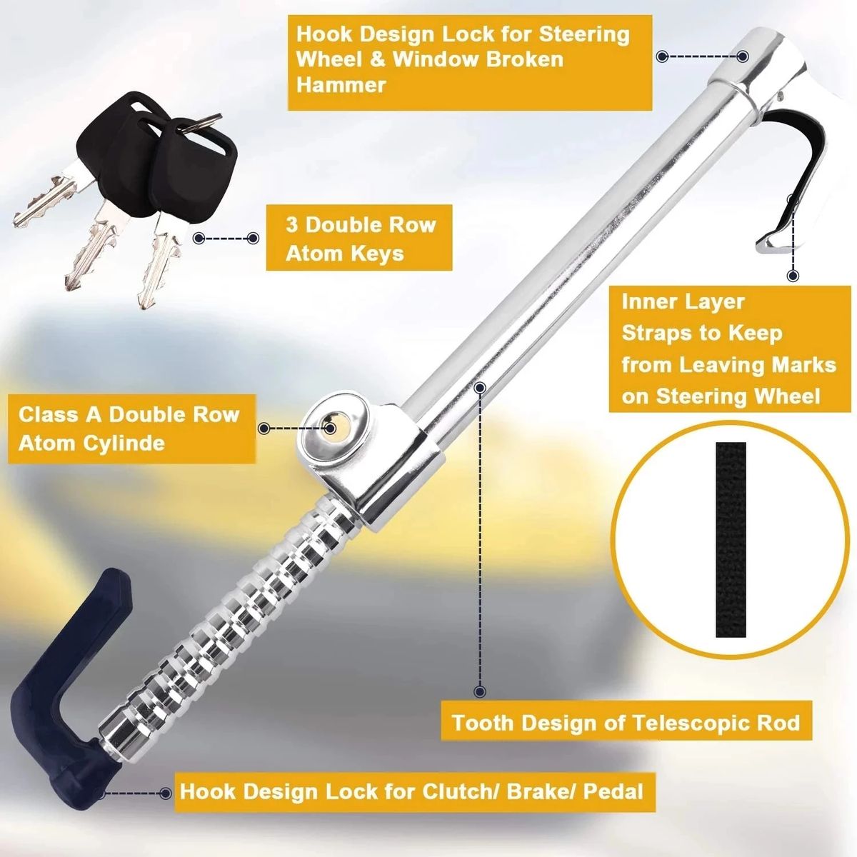 1Set Car Steering Wheel Anti-Theft Lock Brake Lock Retractable Double Hook Car Clutch Pedal Lock