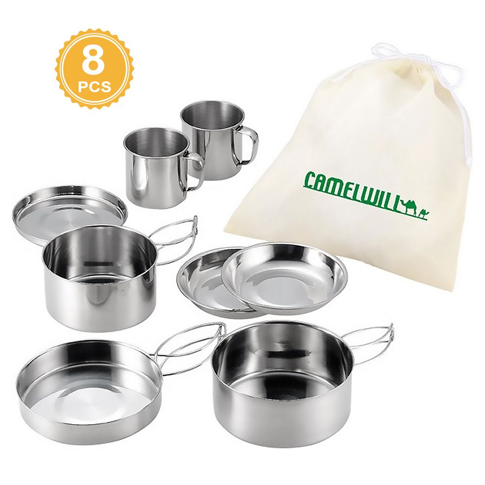 8Pcs Set Outdoor Stainless Steel Pot Set Camping Soup