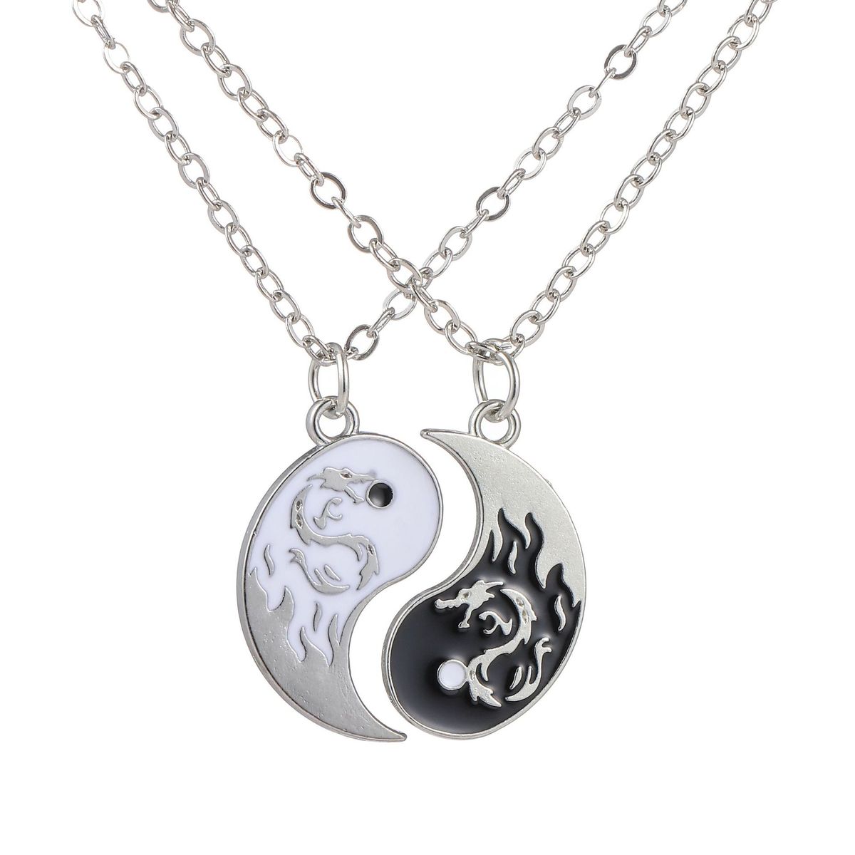 2PCS/Set Dragon TotemTai Chi Yin Yang Necklace-Silver