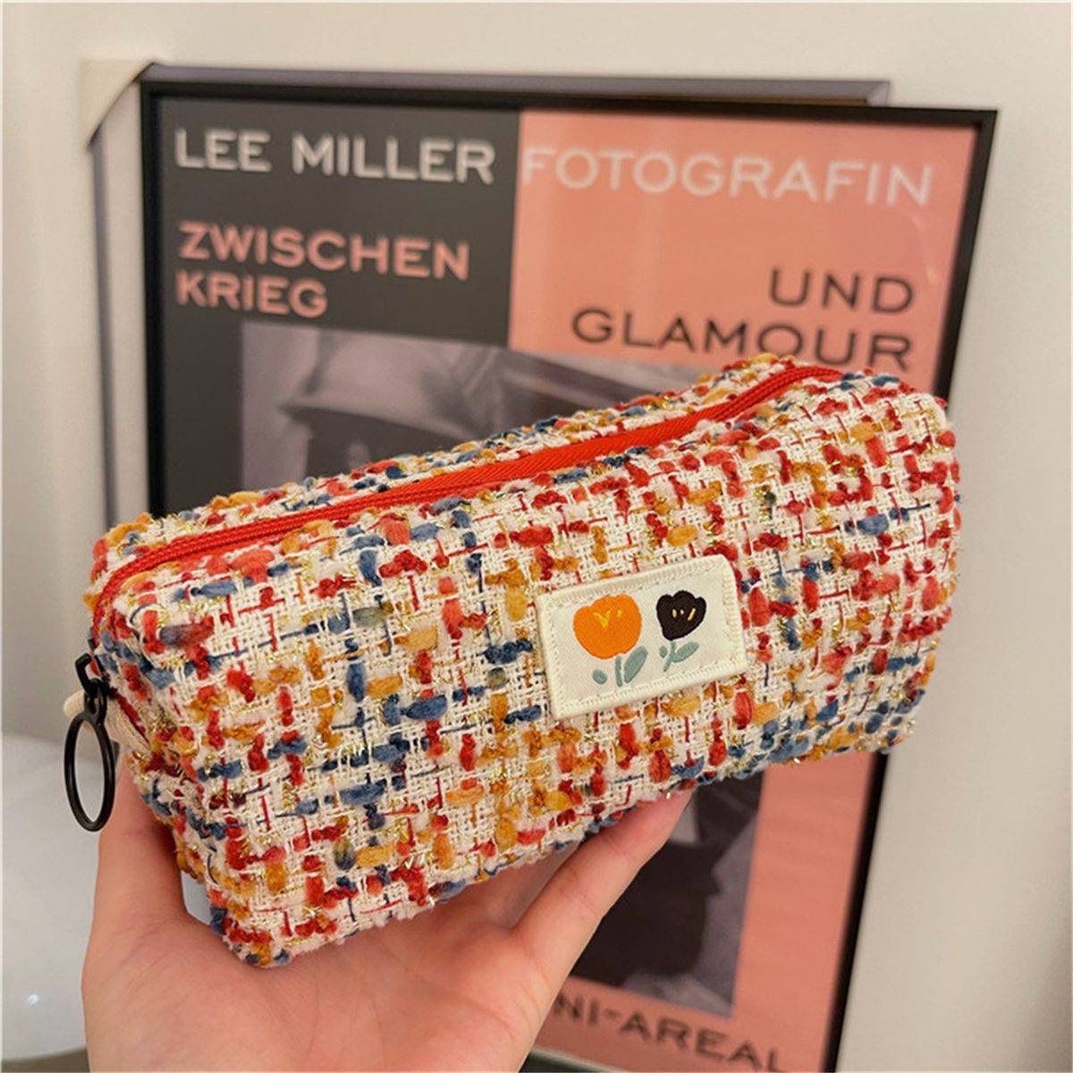 Pencil Case Ring Handle Stationery Pouch Red