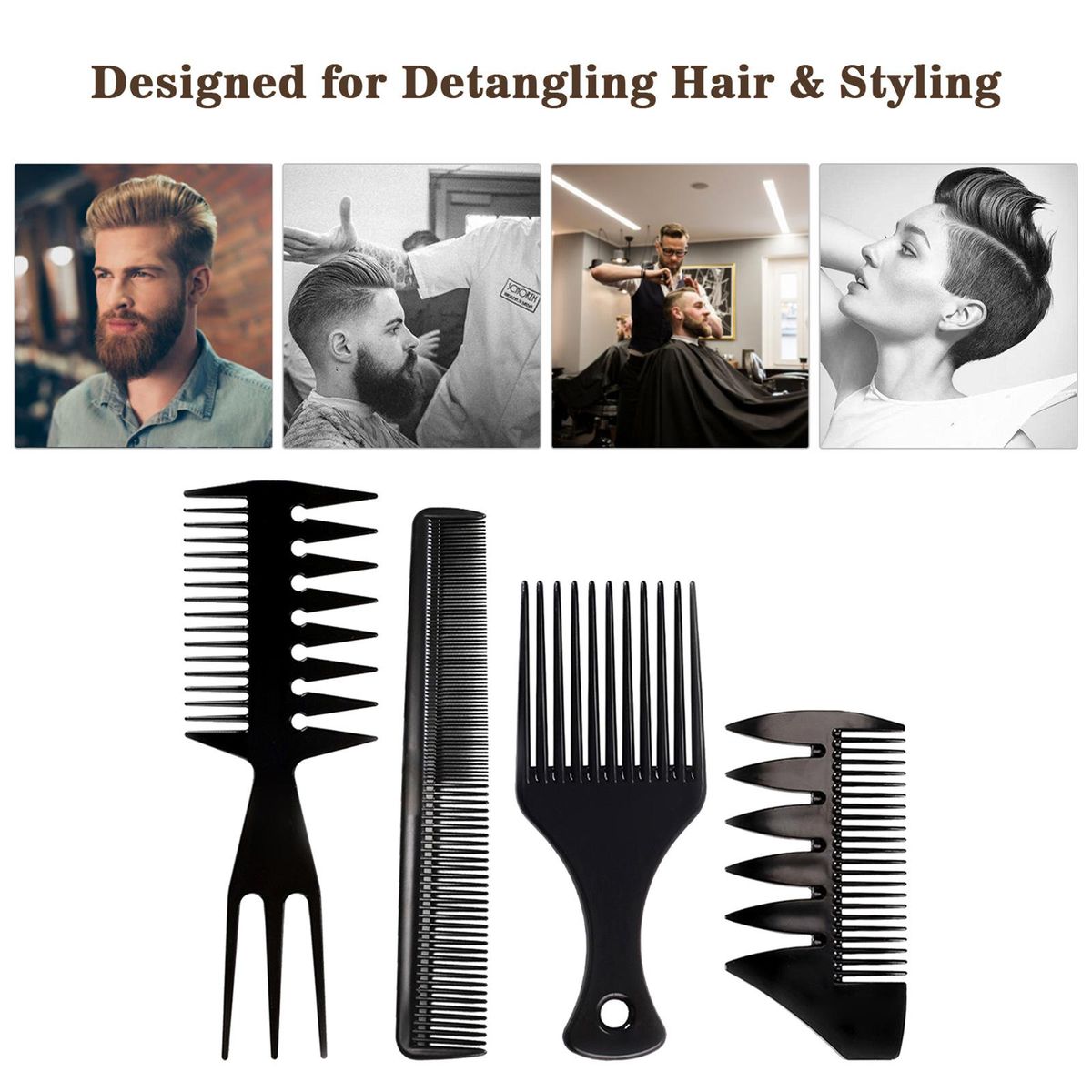 4PCS Hair Brush Comb Set Wide Tooth Comb Hairdressing Styling Tools Wet Pick Barber Comb Anti-Static Hair Brush for Man