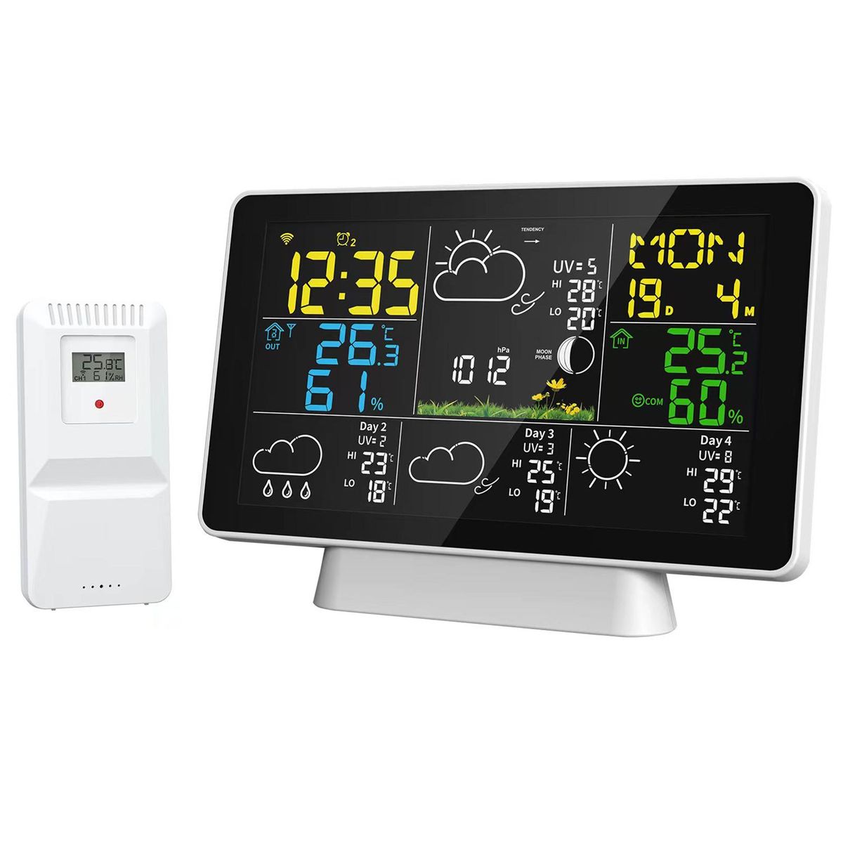 WIFI Weather Station Wireless Indoor Outdoor Hygrometer Thermometer Temperature Humidity Display Monitor Digital Weather Forecast Station Clock Alarm Clock with Outdoor Sensor&Adapter