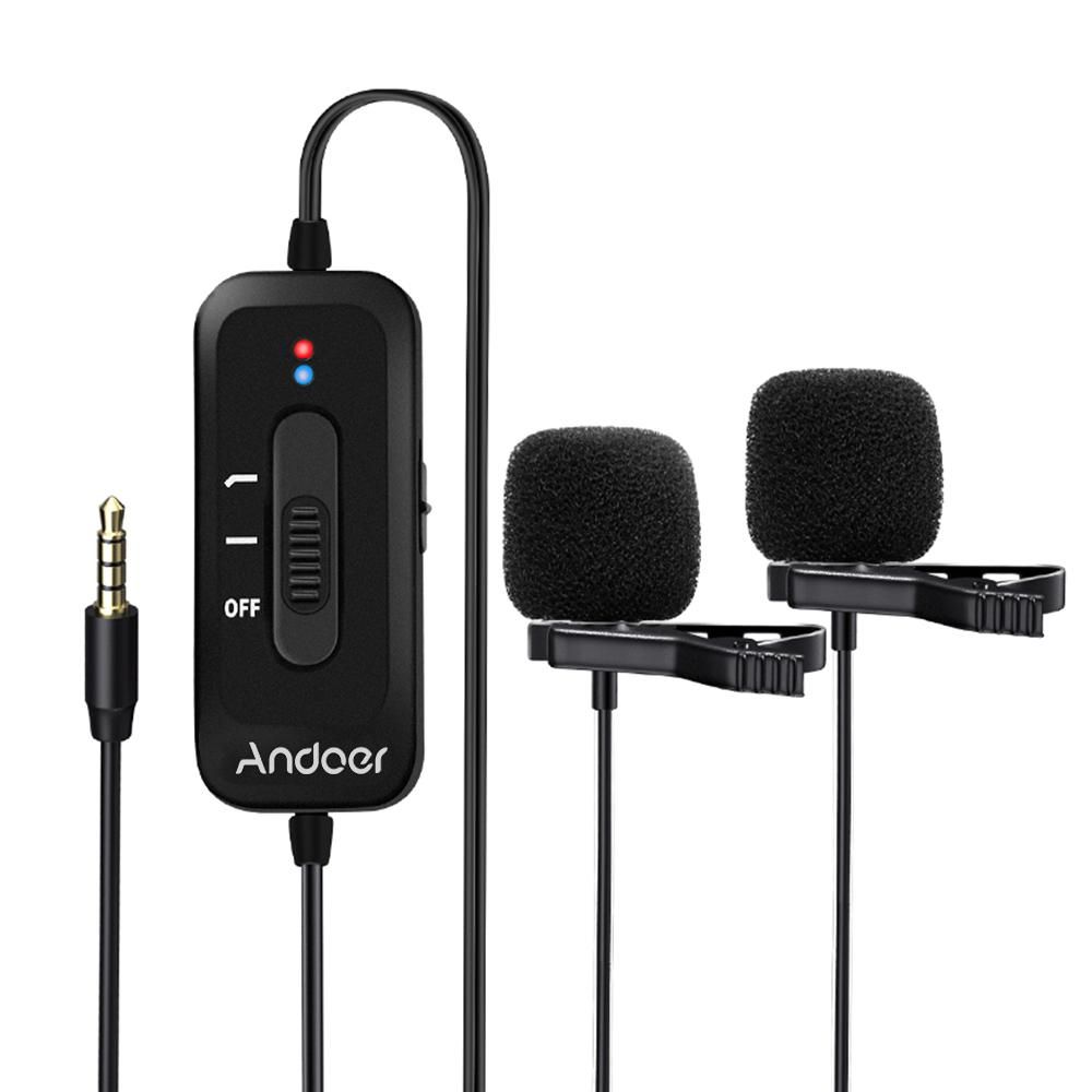 Andoer AD-M2 Pro Clip-on Lavalier Microphone with Omni-directional Dual Mics 3.5mm Plug with 6.5mm Audio Adapter for Smartphones Cameras Recording Pen for News Interview Recording Classroom Teaching Live Streaming Conference 
