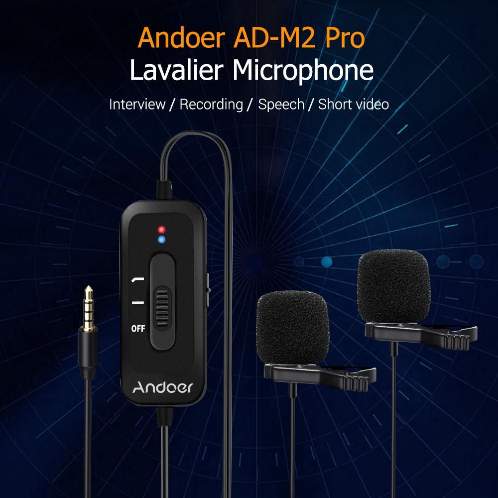 Andoer AD-M2 Pro Clip-on Lavalier Microphone with Omni-directional Dual Mics 3.5mm Plug with 6.5mm Audio Adapter for Smartphones Cameras Recording Pen for News Interview Recording Classroom Teaching Live Streaming Conference 
