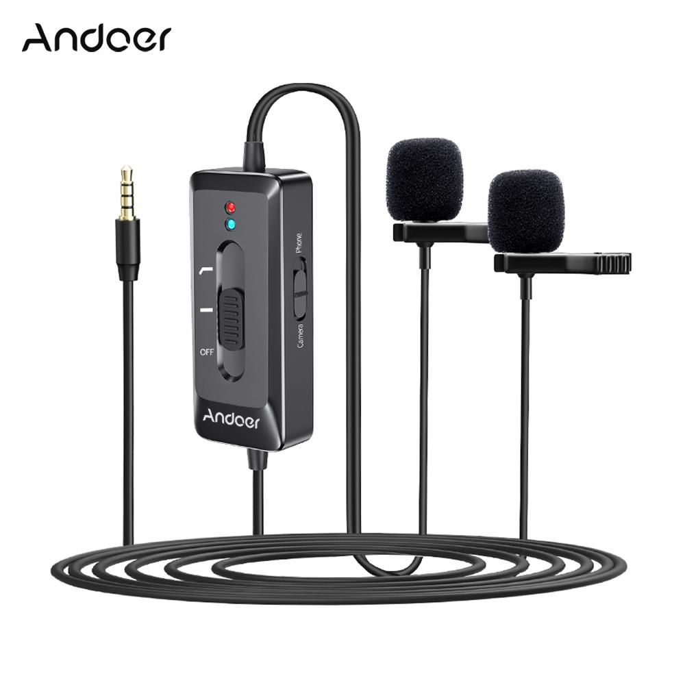 Andoer AD-M2 Pro Clip-on Lavalier Microphone with Omni-directional Dual Mics 3.5mm Plug with 6.5mm Audio Adapter for Smartphones Cameras Recording Pen for News Interview Recording Classroom Teaching Live Streaming Conference 