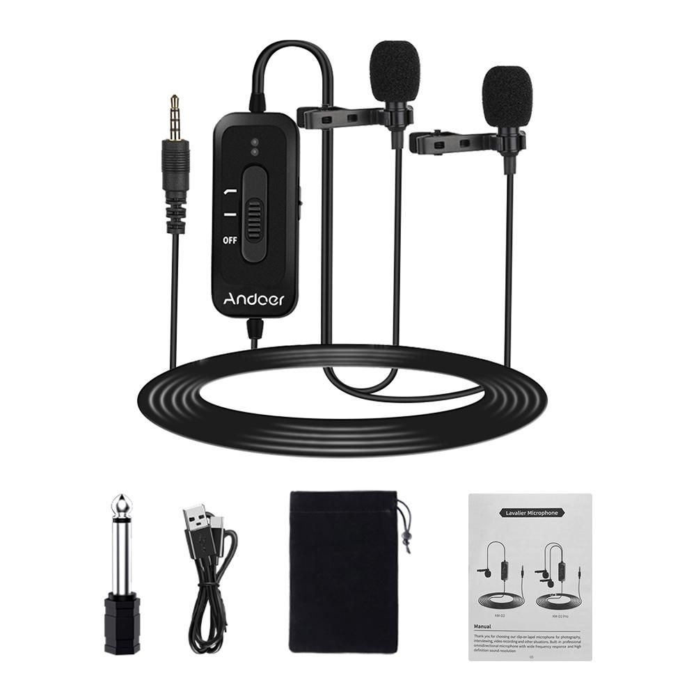 Andoer AD-M2 Pro Clip-on Lavalier Microphone with Omni-directional Dual Mics 3.5mm Plug with 6.5mm Audio Adapter for Smartphones Cameras Recording Pen for News Interview Recording Classroom Teaching Live Streaming Conference 
