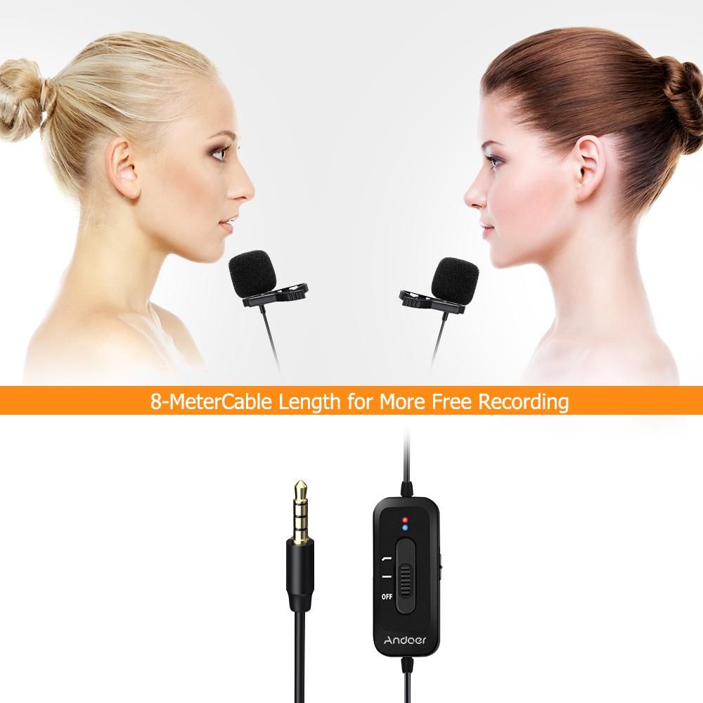Andoer AD-M2 Pro Clip-on Lavalier Microphone with Omni-directional Dual Mics 3.5mm Plug with 6.5mm Audio Adapter for Smartphones Cameras Recording Pen for News Interview Recording Classroom Teaching Live Streaming Conference 
