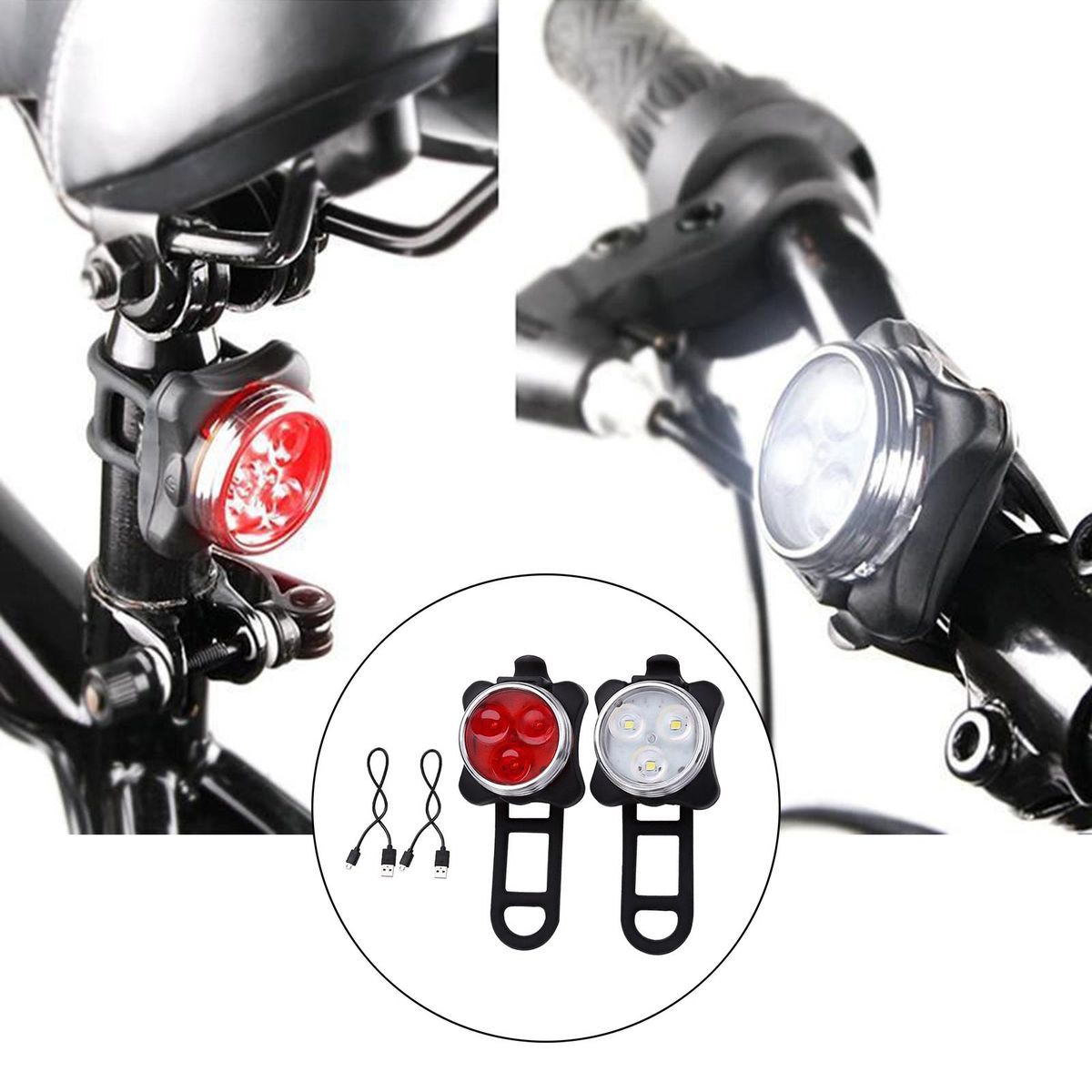 USB Rechargeable Bike Lights Set Head Tail Light Front+Tail Light