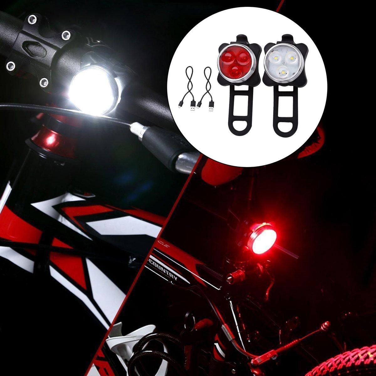 USB Rechargeable Bike Lights Set Head Tail Light Front+Tail Light