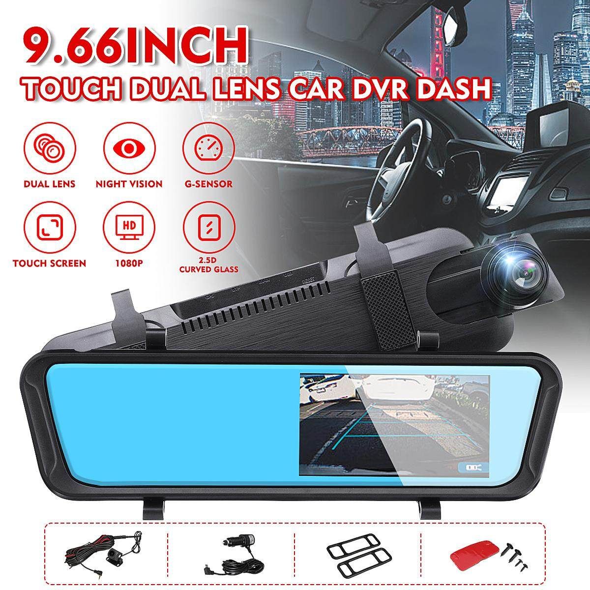 (9.66Inch-Full Touch Screen)1080P Gravity Sensing Front Back Dual Lens Rearview Night Vision Car Camera Mirror Display DVR On-Dash Camcorde Stream Media Car Recorder Follow Us Get Voucher