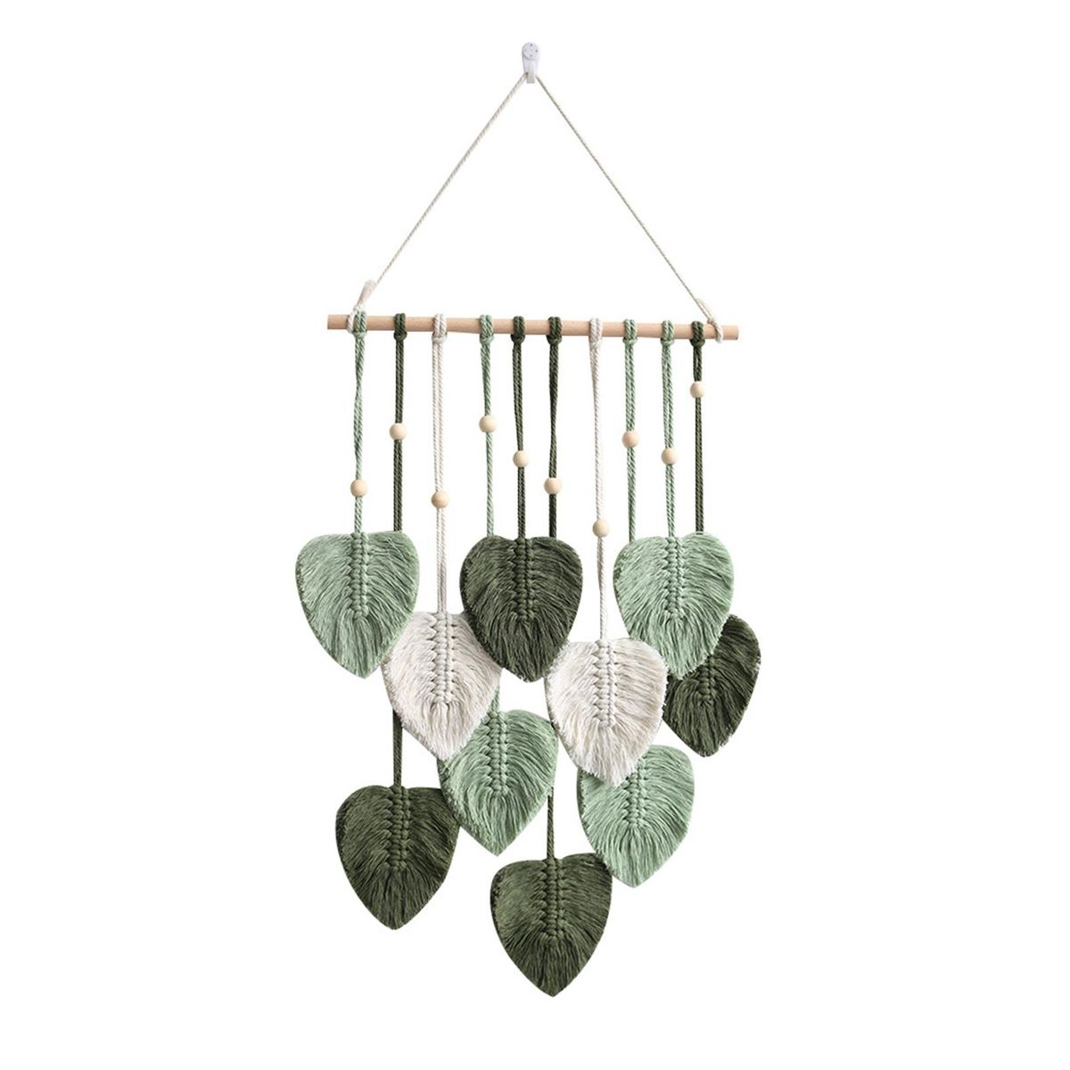 Boho Macrame Leaf Tapestry with Faux Feathers Handmade Wall Decor Green