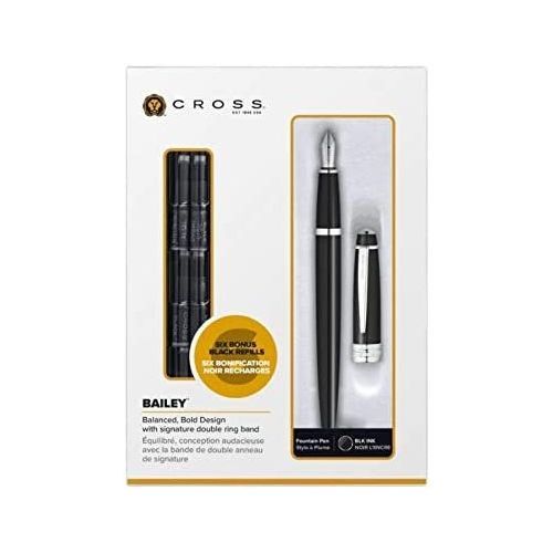 Cross Bailey Black Lacquer Fountain Pen W\/ 6 Refill Gift