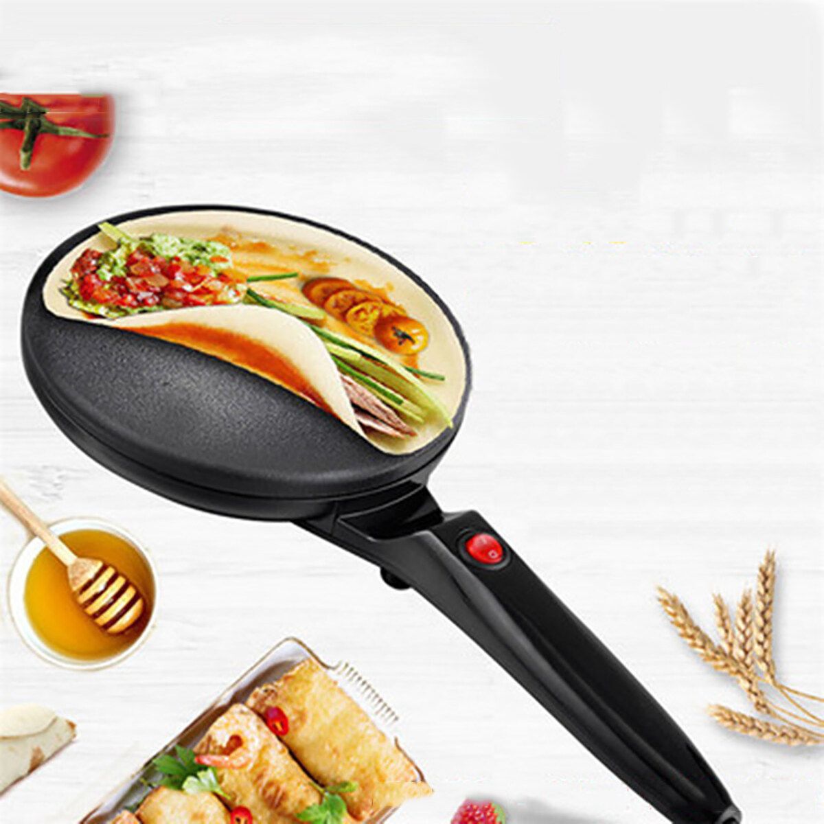 600W Electric Baking Pan Home Pancake Machine Automatic Spring Cake Machine With Egg Beater Batter Basin