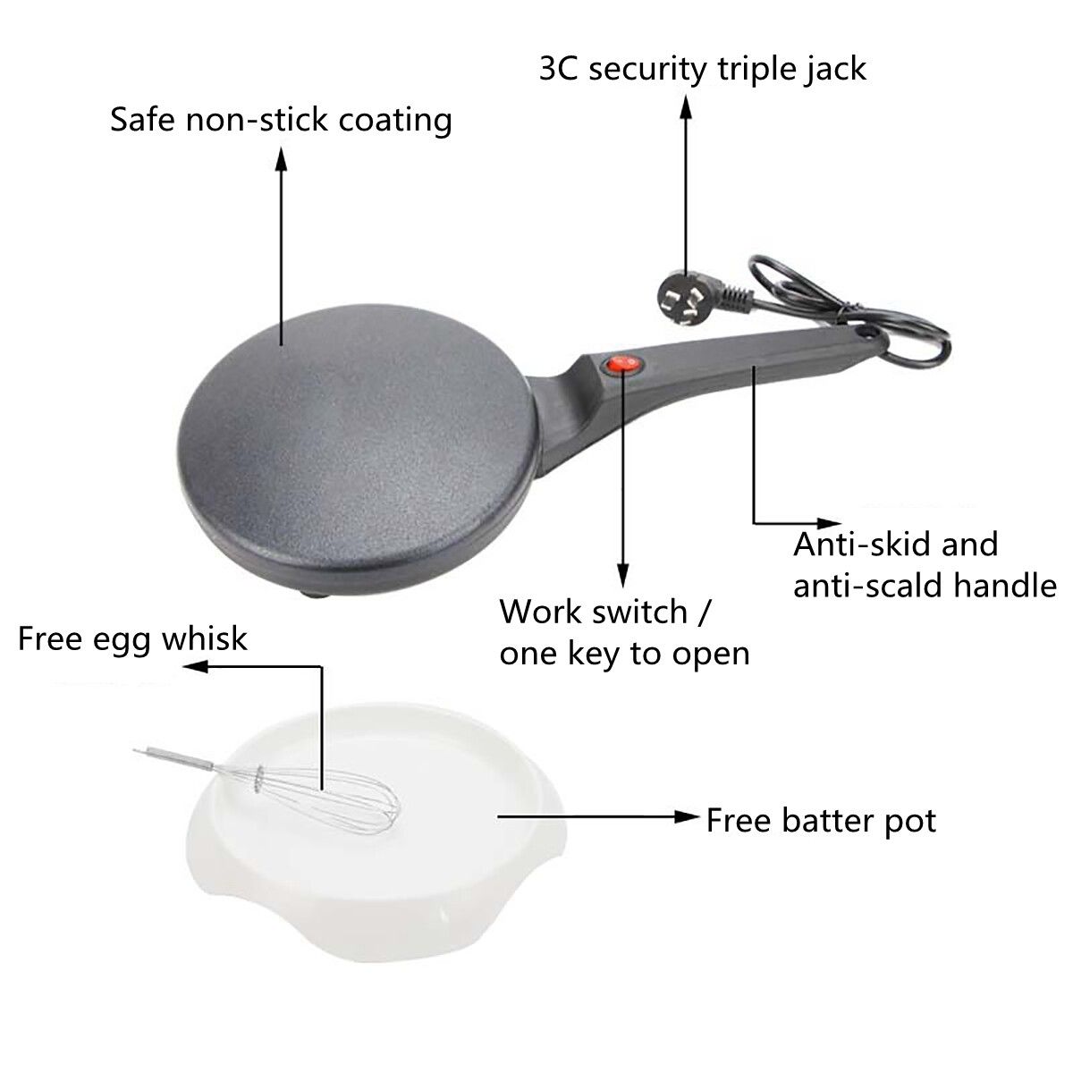 600W Electric Baking Pan Home Pancake Machine Automatic Spring Cake Machine With Egg Beater Batter Basin