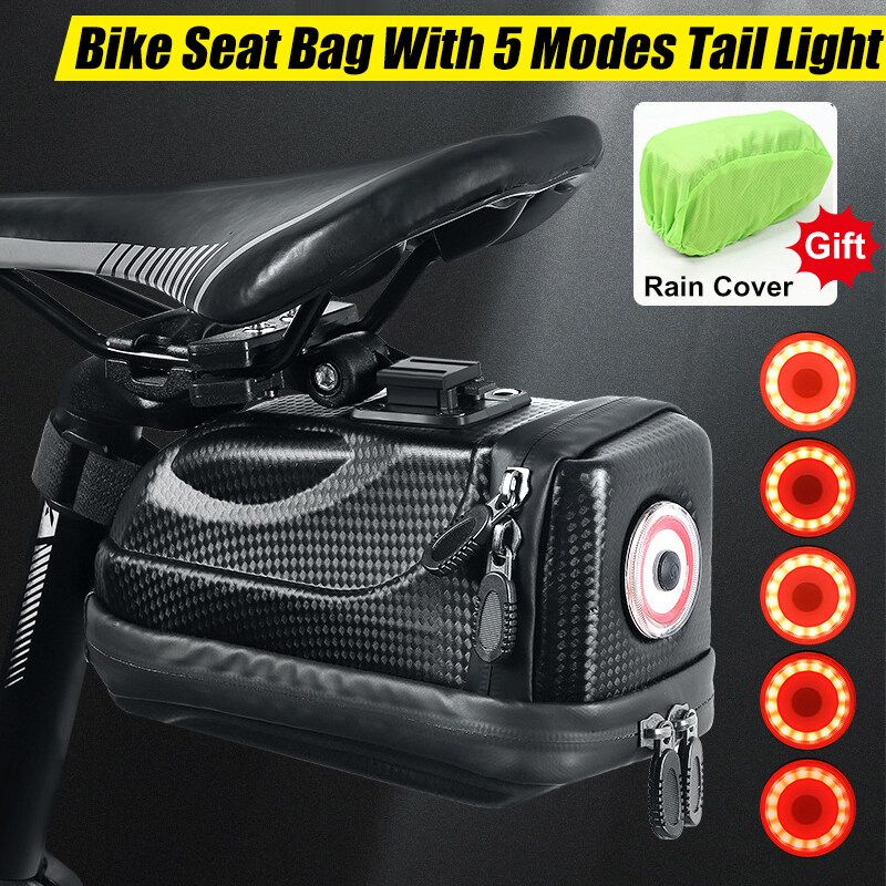 [ 2 Laryer Extendsion With LED Tail Light ] Bike Seat Carriage Bag Waterproof Larger Capacity Box Bag Mountain Bike Outdoor MTB Bicycle Cycling Tail Rear Pouch Black TYPE B