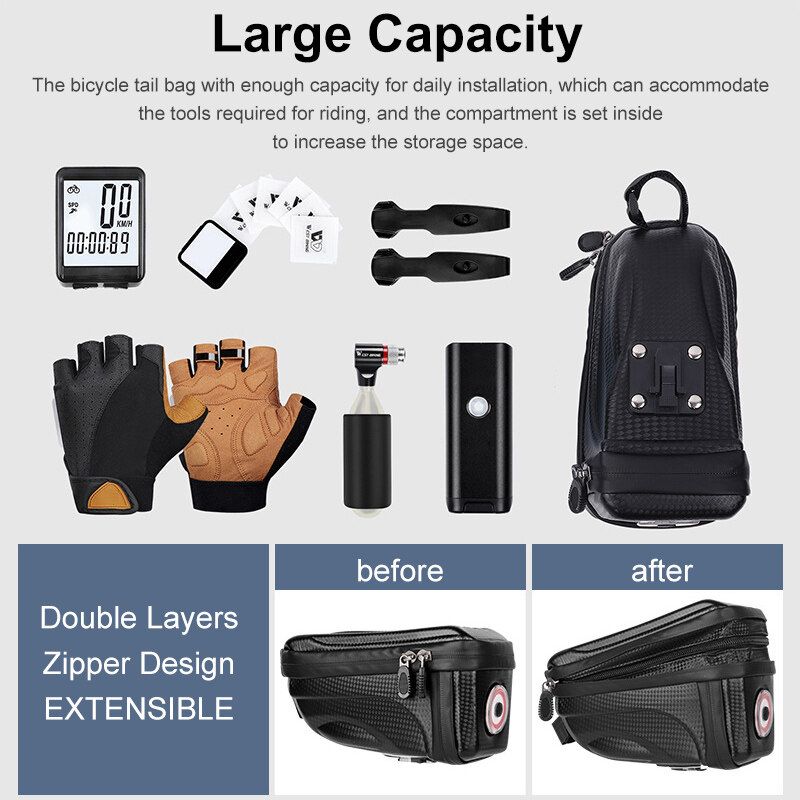[ 2 Laryer Extendsion With LED Tail Light ] Bike Seat Carriage Bag Waterproof Larger Capacity Box Bag Mountain Bike Outdoor MTB Bicycle Cycling Tail Rear Pouch Black TYPE B