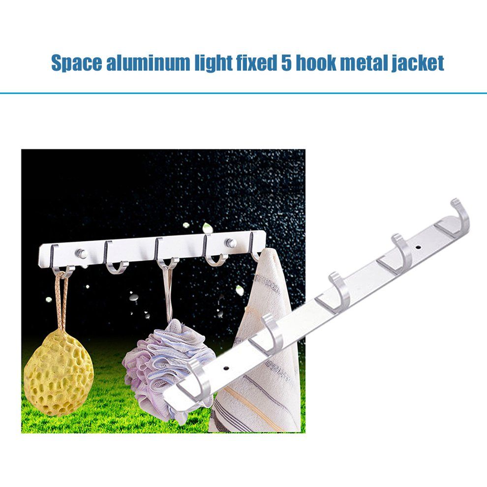 Home-Space Aluminum Hooks Bar Coat Hat Clothes Robe Holder Rack 5 Hooks Wall Hanger Silver