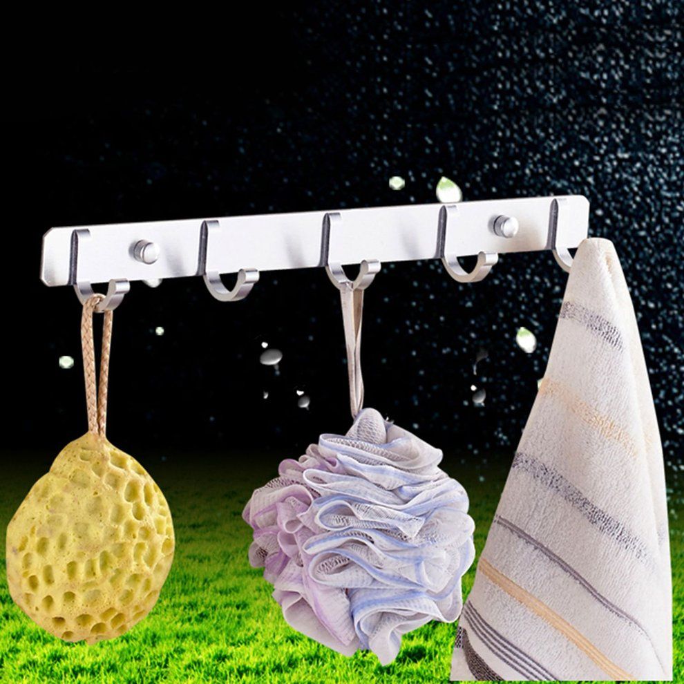 Home-Space Aluminum Hooks Bar Coat Hat Clothes Robe Holder Rack 5 Hooks Wall Hanger Silver