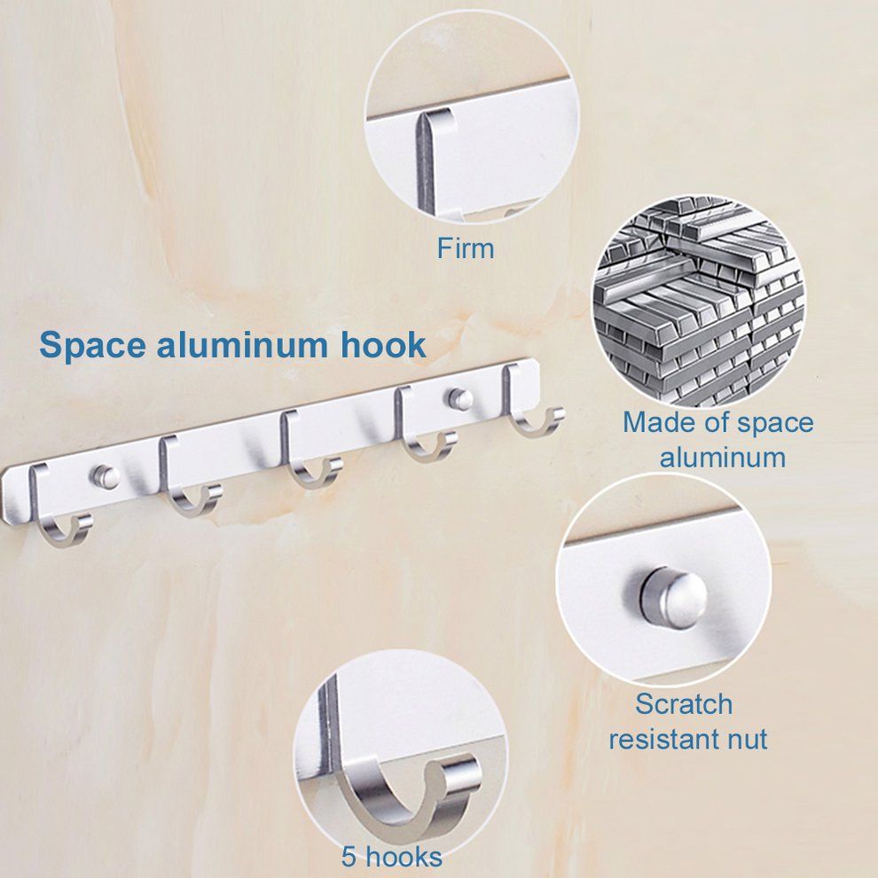 Home-Space Aluminum Hooks Bar Coat Hat Clothes Robe Holder Rack 5 Hooks Wall Hanger Silver