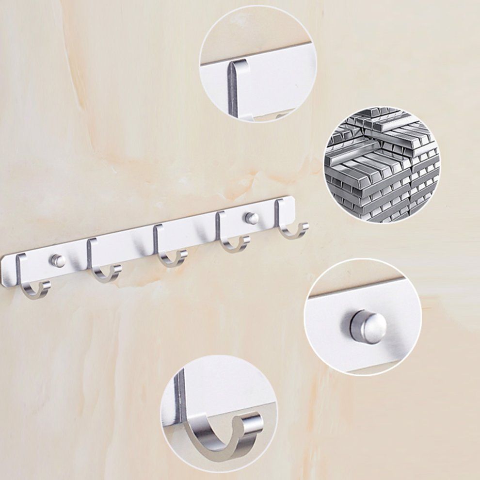 Home-Space Aluminum Hooks Bar Coat Hat Clothes Robe Holder Rack 5 Hooks Wall Hanger Silver